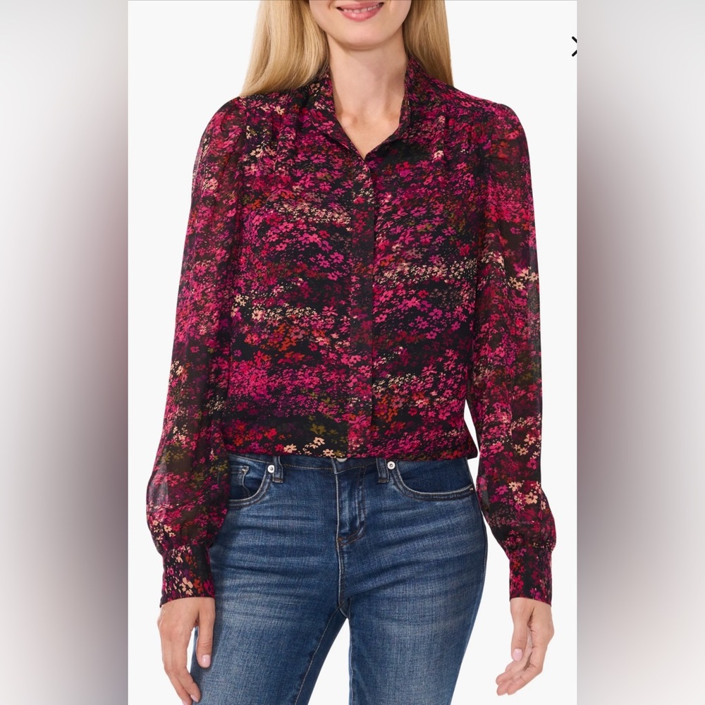 NEW CeCe Floral Button-Up Shirt Floral Print Women's Top Plus 2x